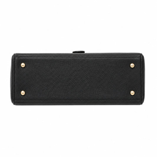 Baglora Black Leather Flap Satchel Handbag with Gold-Tone Hardware