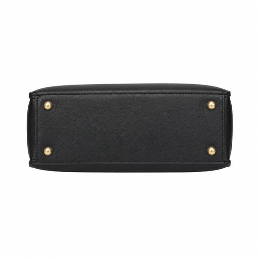 Baglora Black Leather Structured Top Handle Handbag with Gold-Tone Feet