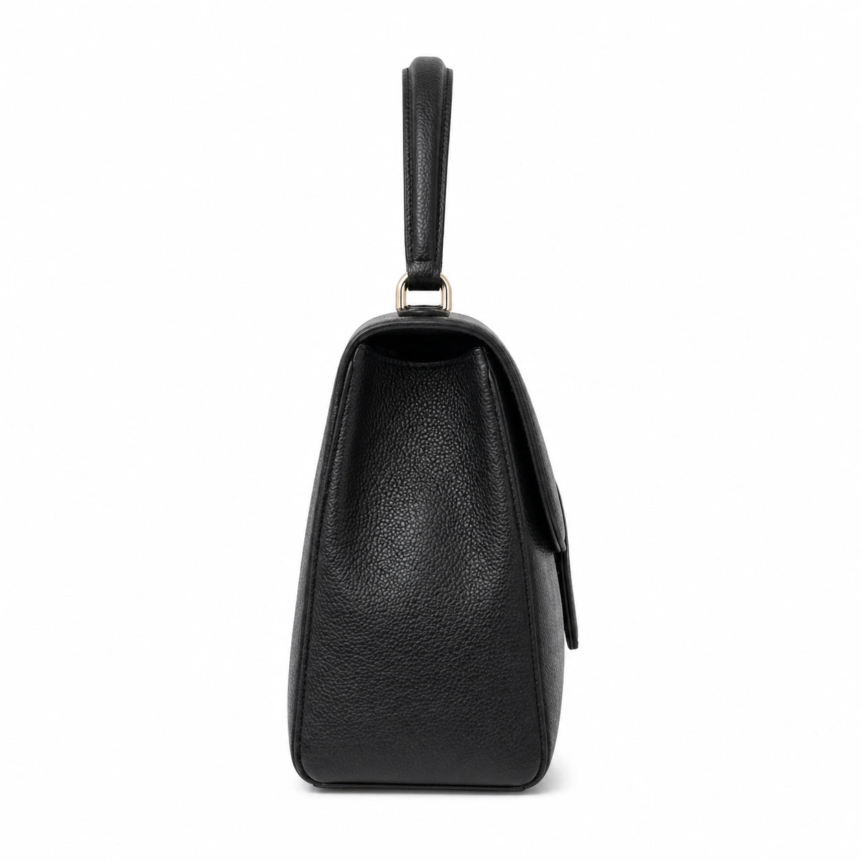 Baglora Black Leather Flap Satchel Handbag with Gold-Tone Hardware