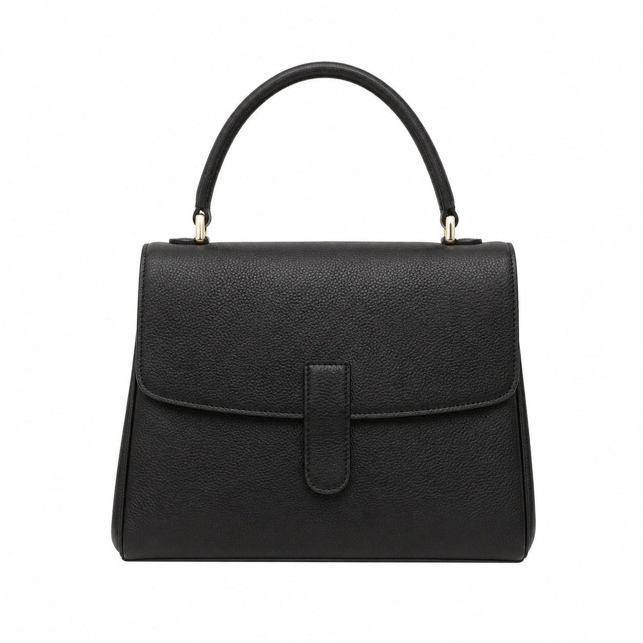 Baglora Black Leather Flap Satchel Handbag with Gold-Tone Hardware
