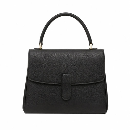 Baglora Black Leather Flap Satchel Handbag with Gold-Tone Hardware