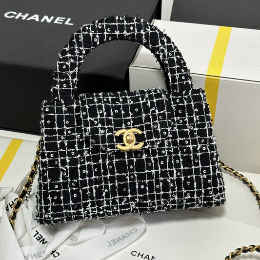 24P Kelly Tweed Sequins Black Designer Handbag for Women