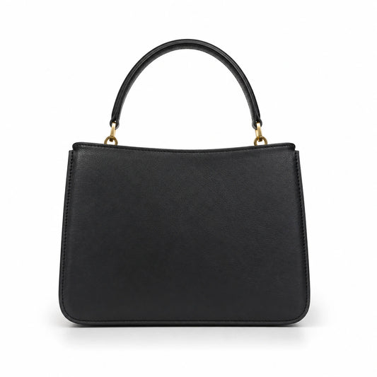 Baglora Black Leather Structured Top Handle Handbag with Gold-Tone Feet