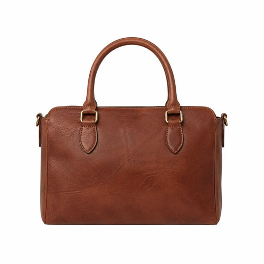 Baglora Brown Leather Boston Satchel Handbag with Top Handles