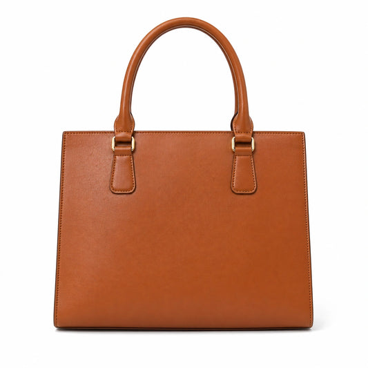 Baglora Brown Leather Structured Tote Handbag with Metal Feet