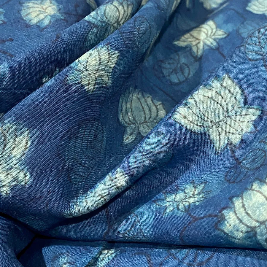 Blue Lotus Flower Liquid Drape Mulberry SILK Hand Block Print from India By the Yard  #TK-59