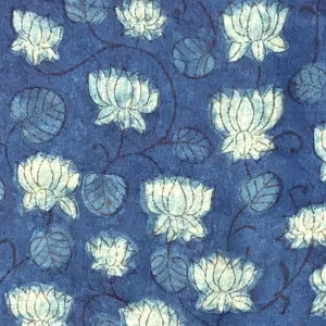 Blue Lotus Flower Liquid Drape Mulberry SILK Hand Block Print from India By the Yard  #TK-59