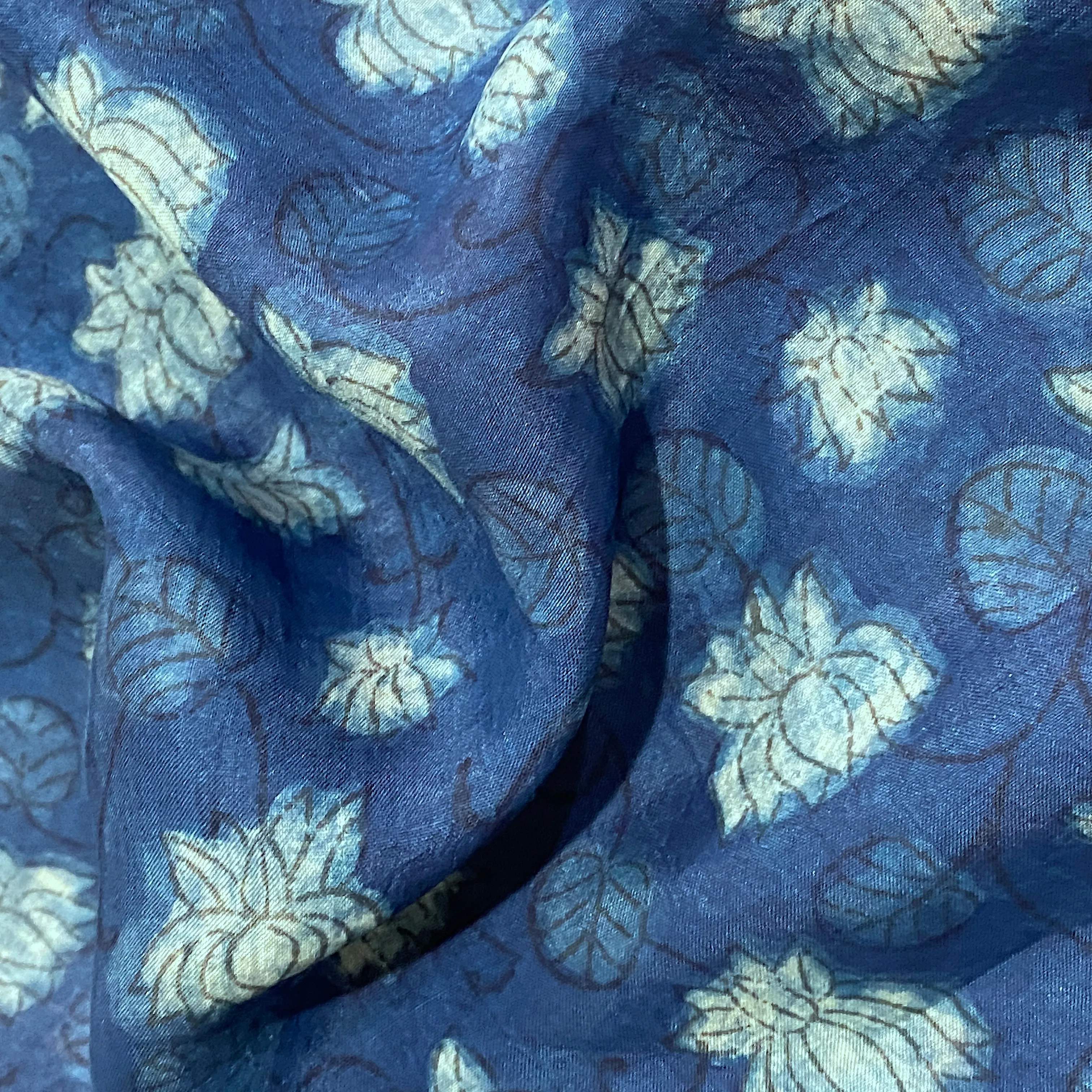 Blue Lotus Flower Liquid Drape Mulberry SILK Hand Block Print from India By the Yard  #TK-59