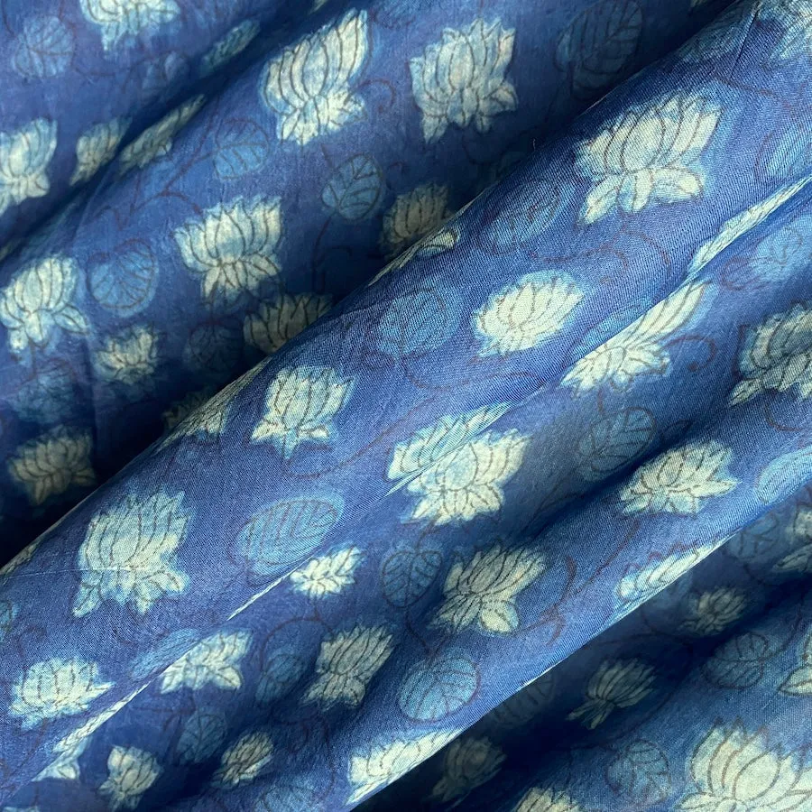 Blue Lotus Flower Liquid Drape Mulberry SILK Hand Block Print from India By the Yard  #TK-59