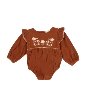 Floral Embroidered Ruffle Baby Romper Rust Brown