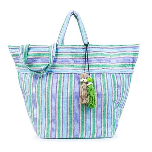 Samui Stripe Puka Tassel Beach Bag Green