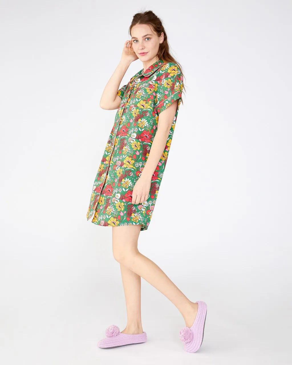 Short Sleeve Leisure Dress - Emerald Super Bloom