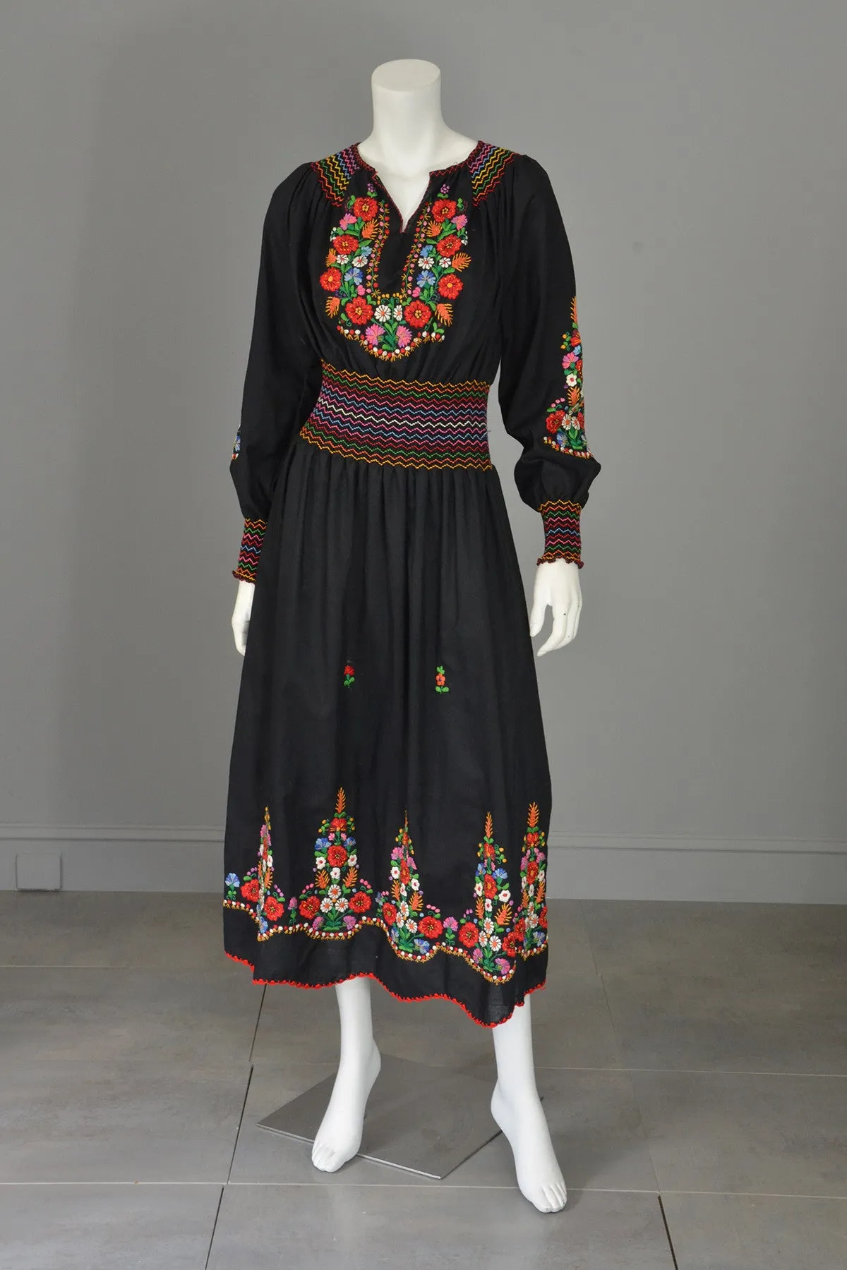 Vtg Embroidered Flowers on Black Hungarian style Peasant Dress