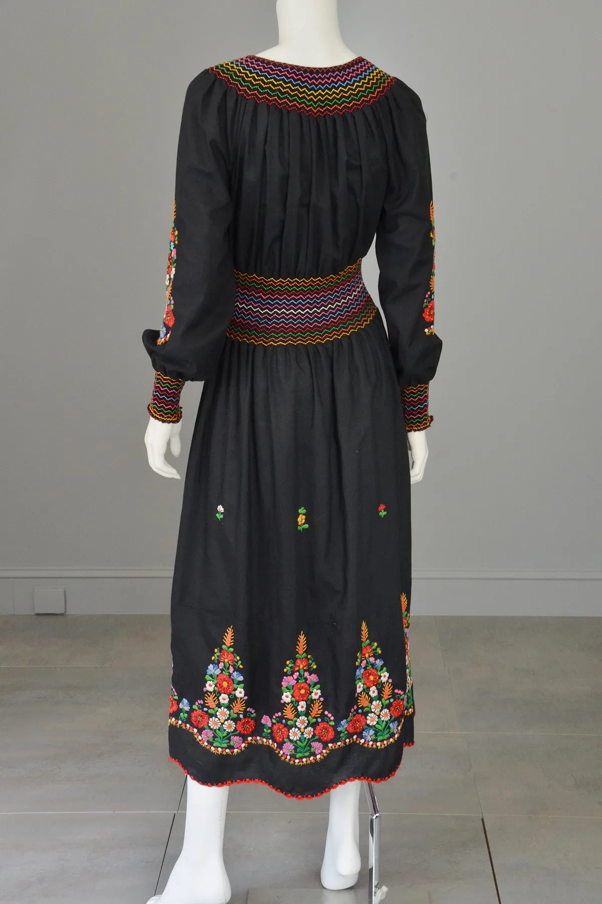 Vtg Embroidered Flowers on Black Hungarian style Peasant Dress