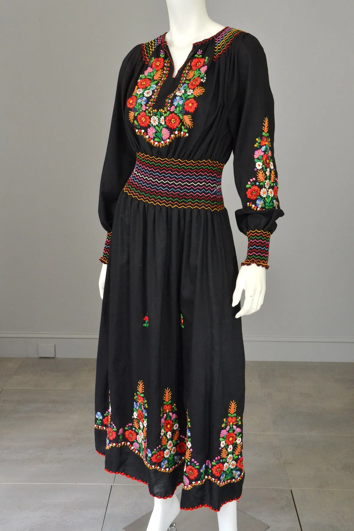 Vtg Embroidered Flowers on Black Hungarian style Peasant Dress