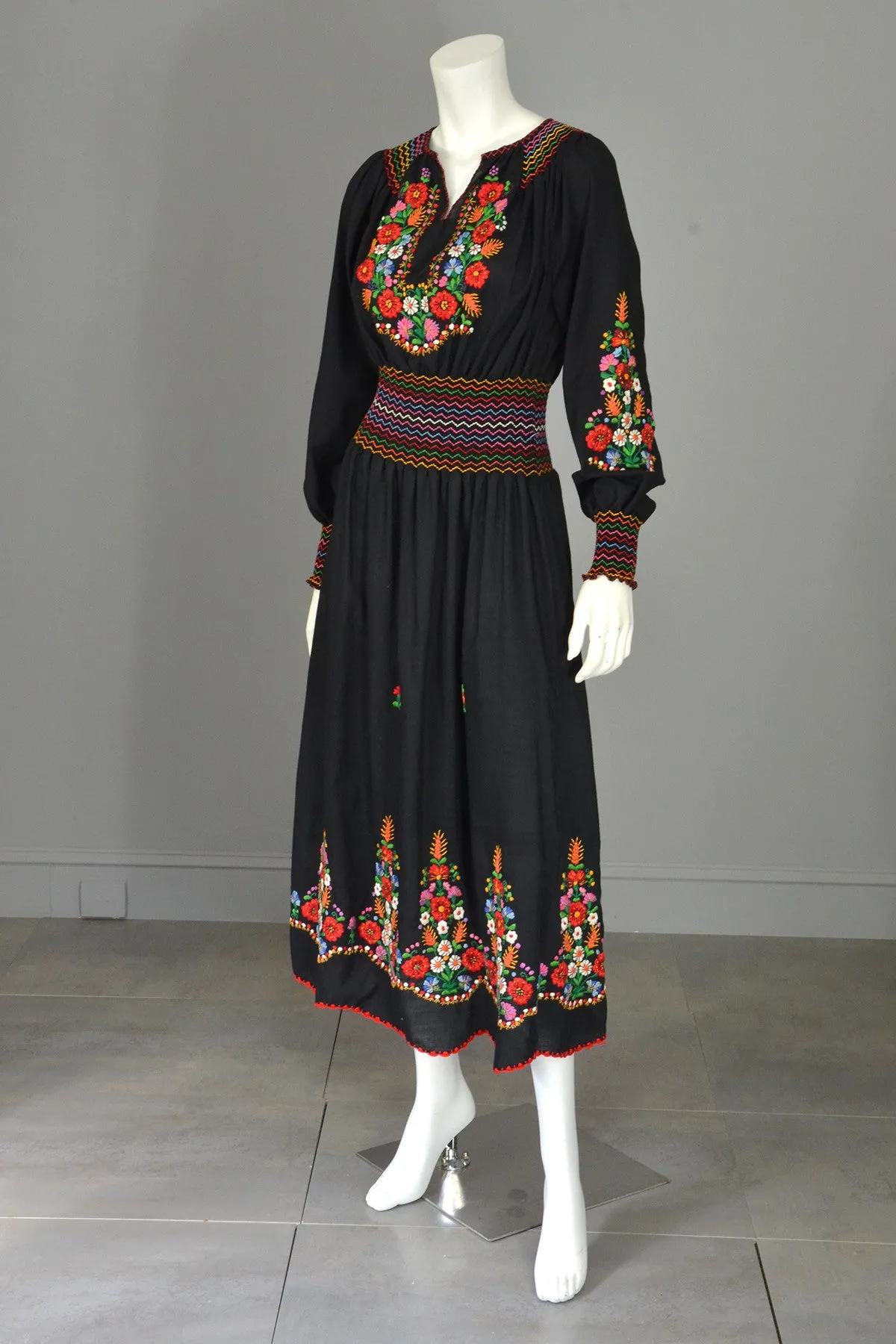 Vtg Embroidered Flowers on Black Hungarian style Peasant Dress